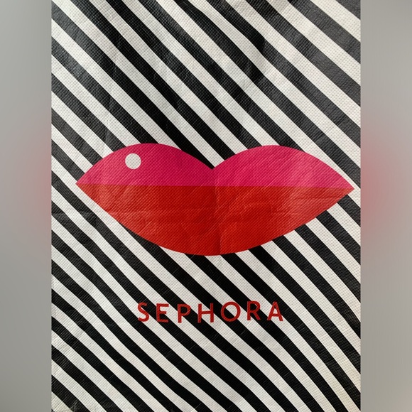 SEPHORA Reusable Shopping Tote Bag Black and White Stripe Lips - Picture 2 of 7